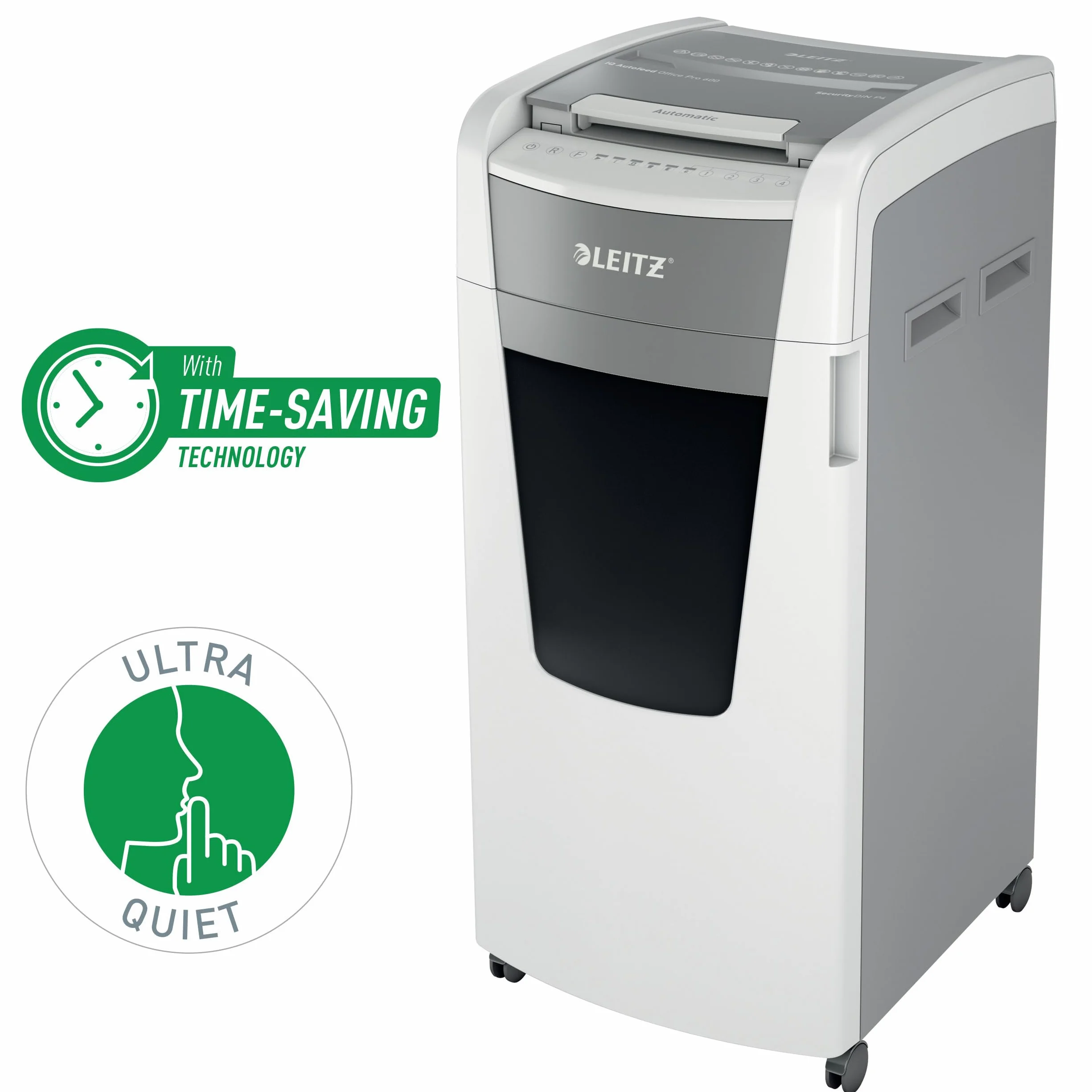 Leitz 80170000 – Destructora Automática IQ 600 Pro Autofeed P4, Autoalimentación 600 Hojas, Corte Partículas 4x28 Mm, Funcionamiento 240 Mins, Papelera 110L Con Puerta, Control Táctil Con Bloqueo PIN