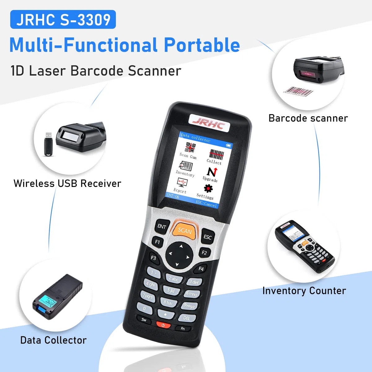 Escáner de código de barras 1D y coleccionista, escáner de código de barras inalámbrico 2.4G para escanear colección e inventario con pantalla LCD de 2,2 pulgadas
