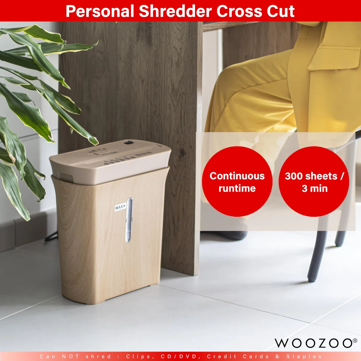 Woozoo, Trituradora de Papel/Destructora de Documentos, 8 Hojas, Tecnología Transversal, Papelera de 8,9L, Papel A4 - Personal Shredder Cross Cut P8GCD - Color Madera