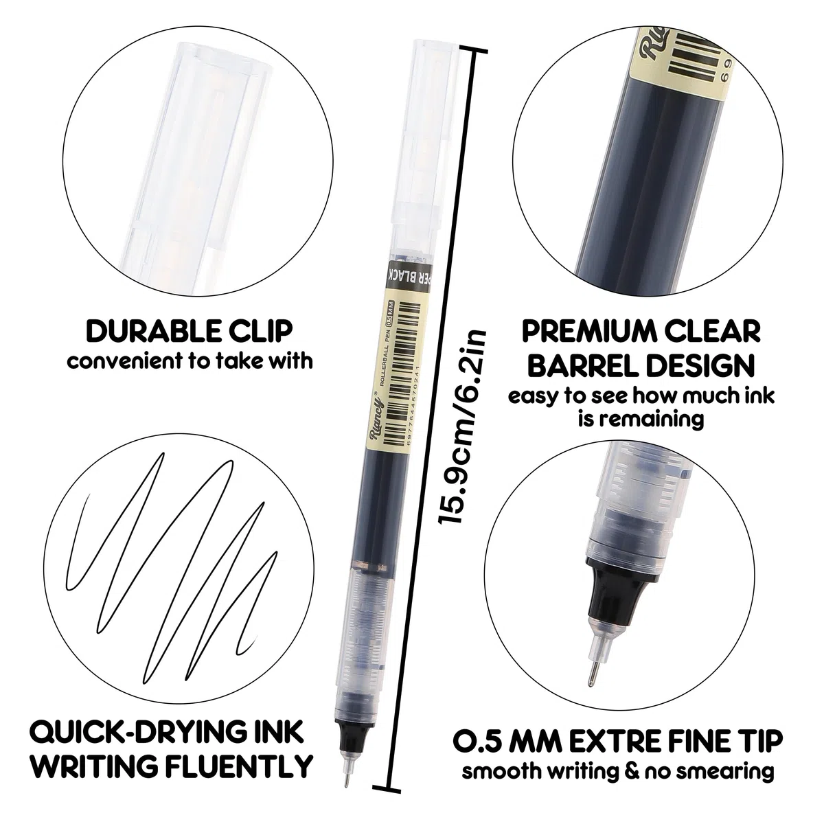 12 bolígrafos rodantes, tinta de secado rápido, 0,5 mm, punta extrafina, tinta líquida, bolígrafo Rollerball, color negro