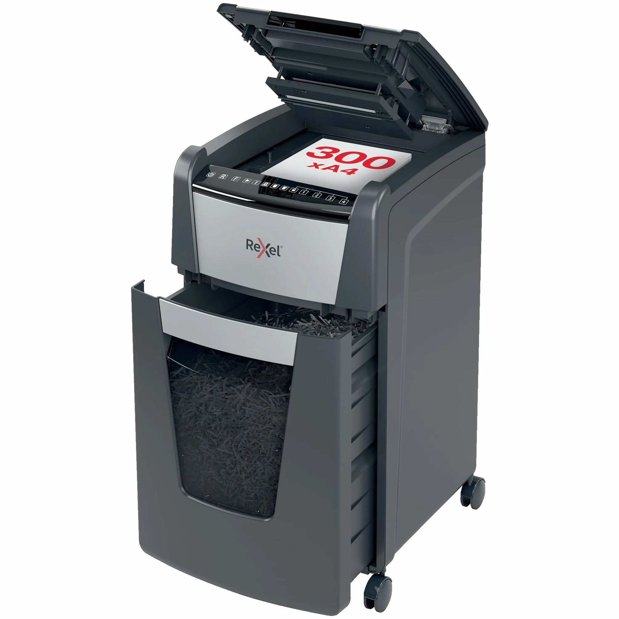 Rexel 2020300MEU - Destructora de Papel Automática Optimum AutoFeed 300M, Microcorte P-5 (2x15 mm), 300 Hojas A4, Papelera Extraíble 60L, Destruye Grapas y Clips, Uso en Oficina, Hasta 10 Usuarios