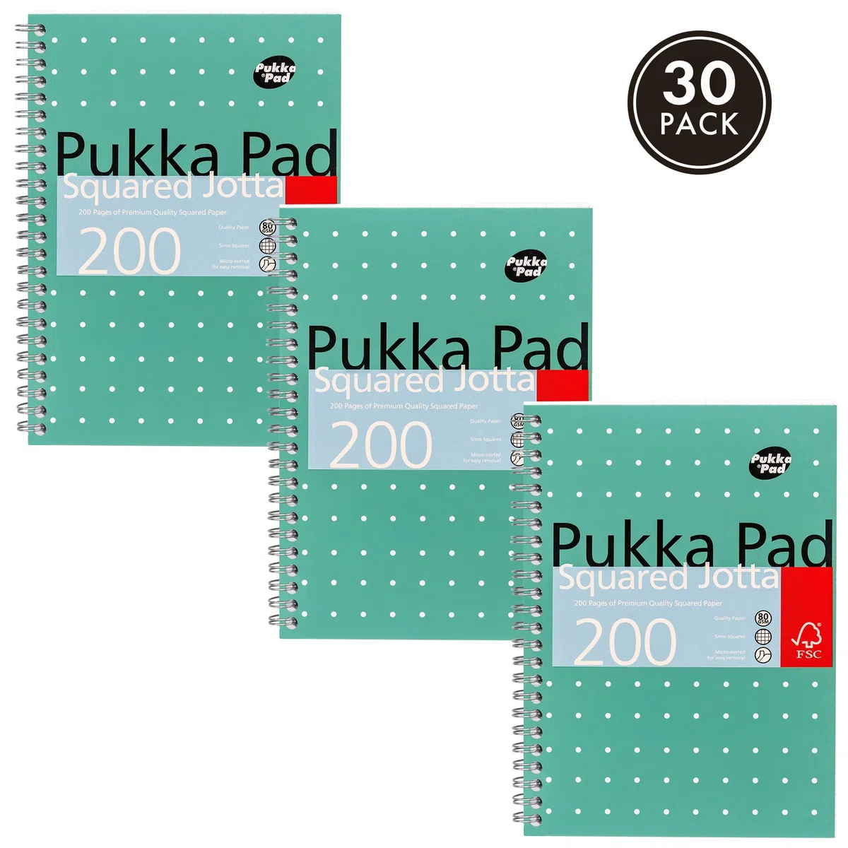 Pukka Pad, Cuaderno cuadriculado A5 Jotta Book paquete de 30 unidades – 21 x 14,9 cm - Cuaderno con espiral con cuadrados de 5 mm en papel blanco de 80 g/m² con bordes perforados para fácil extracción