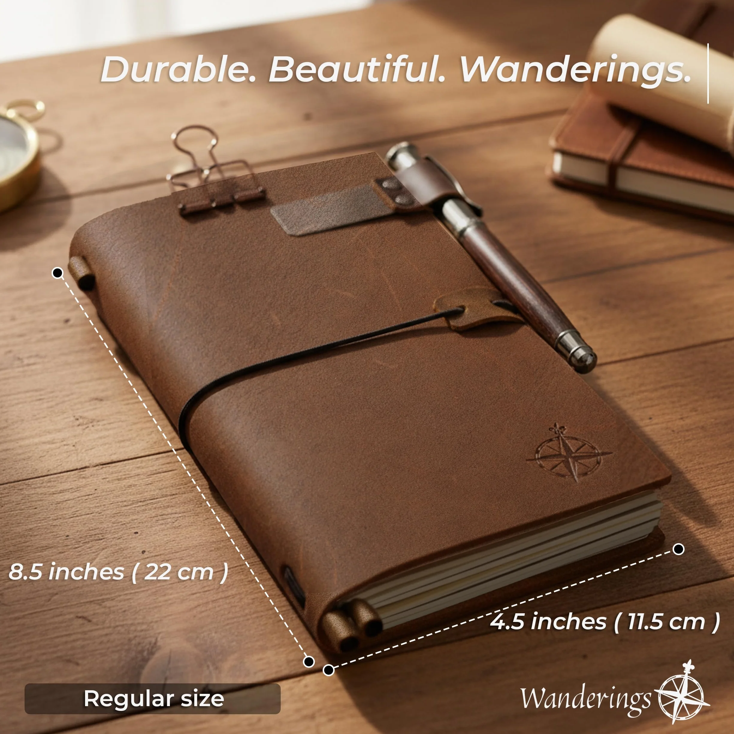 WANDERINGS Cuaderno de Viaje Tamaño Regular Diario de Cuero Genuino 11,5 x 22cm