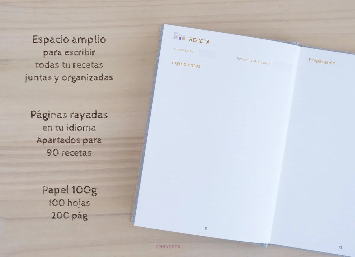 Sphinge Recetario en blanco personalizado con tu nombre 15x21 | Libro de cocina para escribir 90 recetas con índice | Castellano català português | Tapa dura de tela A5 | SIN cuchara