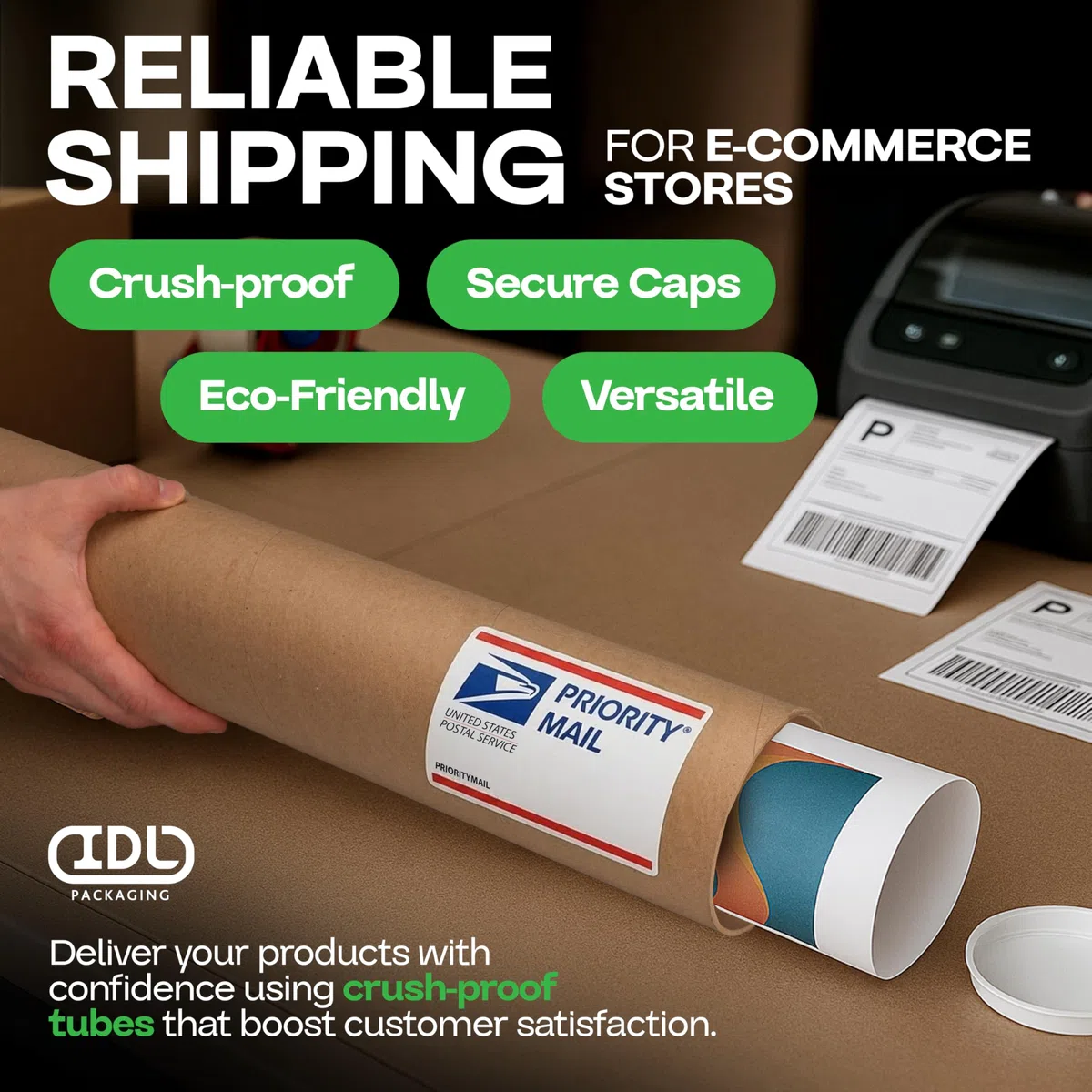 Tubos de cartón para correo, 4 x 24 pulgadas con tapas de plástico, paquete de 4, tubo de póster aprobado por USPS fabricado en Estados Unidos para documentos y planos, cilindros de correo reforzados