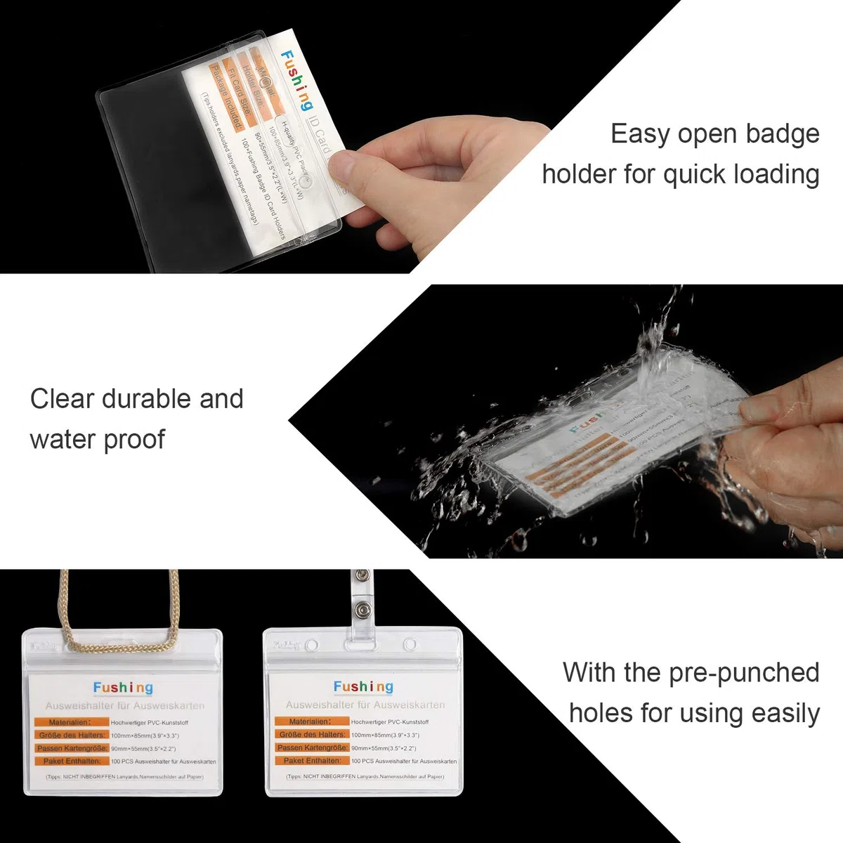 Fushing - Lote de 10 soportes retráctiles para tarjetas de identificación, de plástico transparente y resistente al agua, con carrete de insignia retráctil, mosquetón y anillo (Horizontal)