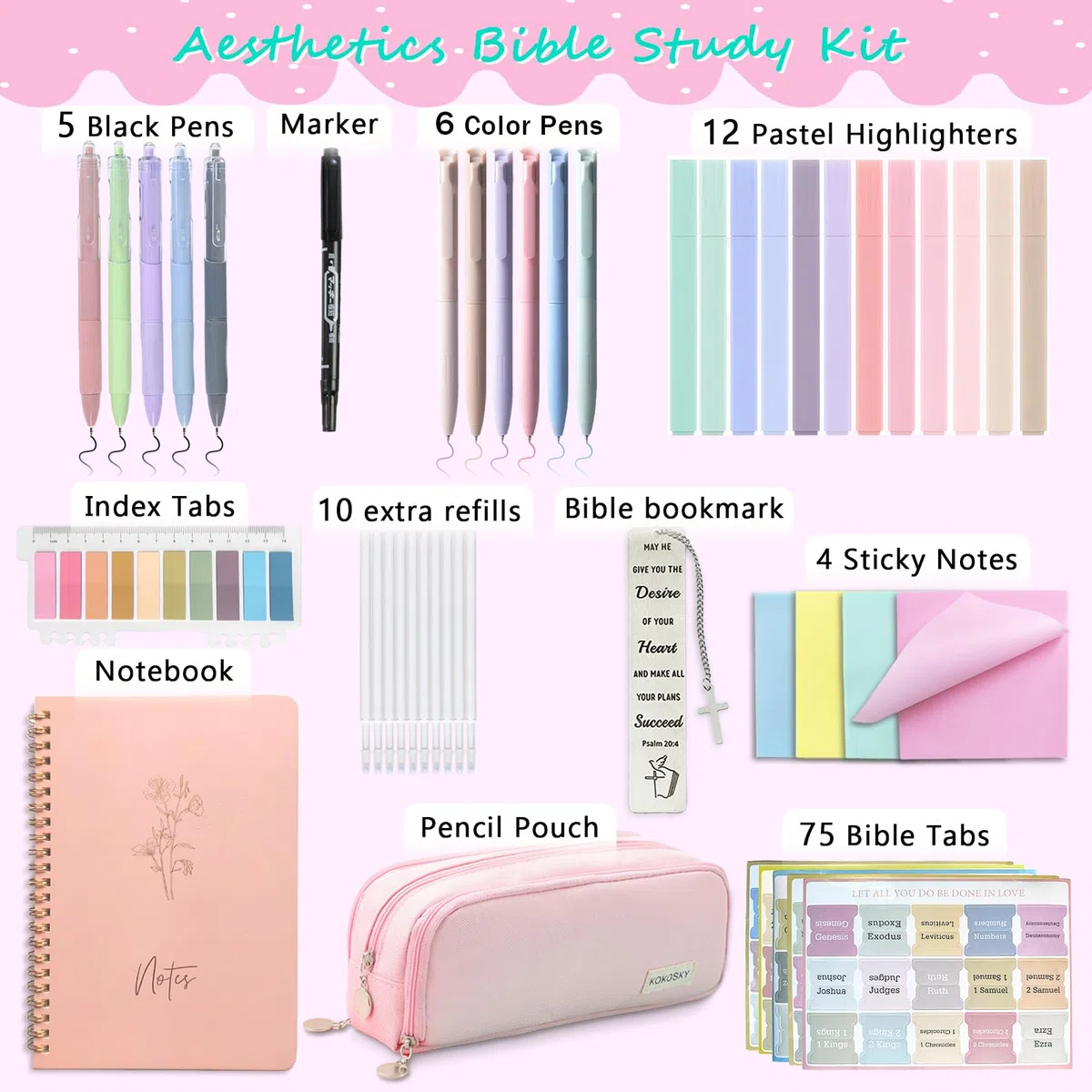 Kit de diario bíblico para mujeres, accesorios esenciales de estudio para estudiantes escolares con estuche para bolígrafo, cuaderno de diario de la Biblia, resaltadores y bolígrafos sin sangrado,