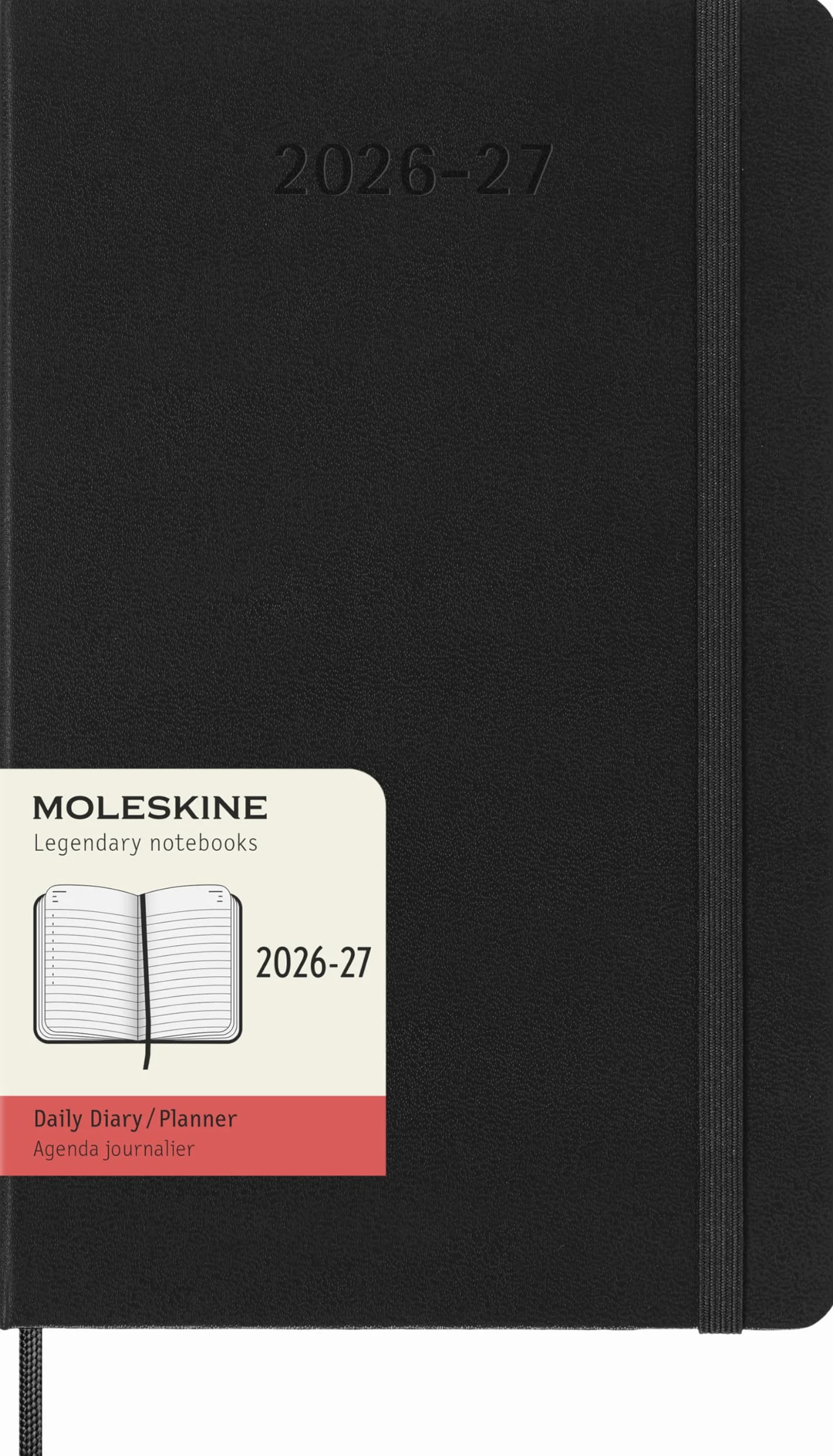 Moleskine Agenda diaria 2026 2027-18 meses con tapa dura y cierre elástico, color negro, tamaño grande 13 x 21 cm