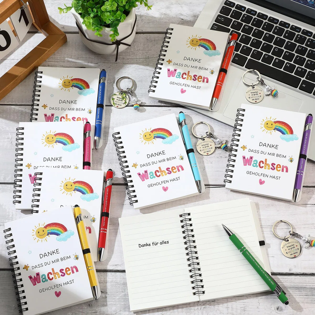 Sinmoe 8 Set Regalo de Agradecimiento para el Profesor Mujer Bloc de Notas en Espiral Inspirador Bolígrafo Cuaderno Rayado Llavero de Ángel de la Guarda Arcoíris Regalo Despedida para Educador
