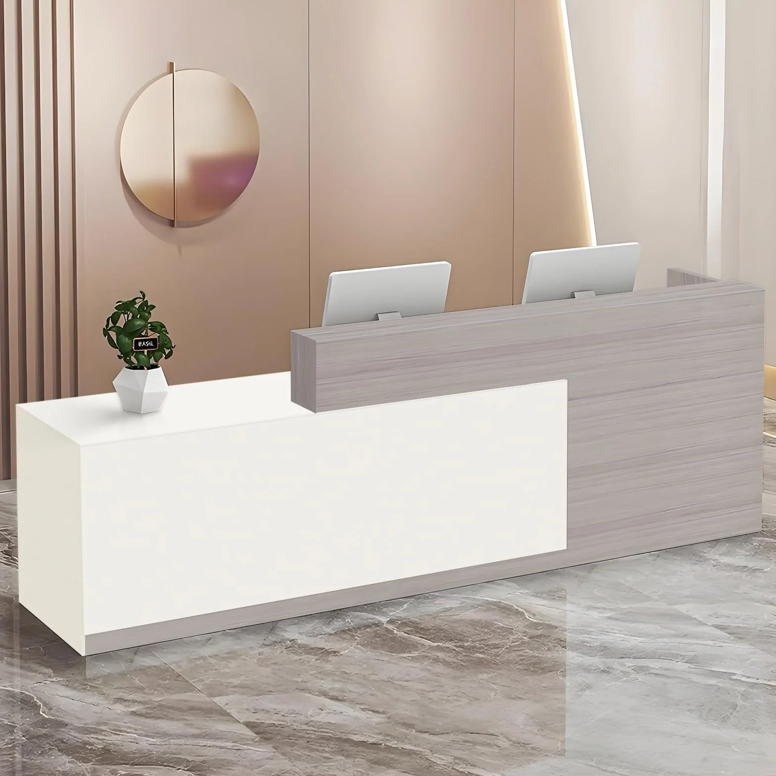 Mostrador Recepción Grande de 100 a 180 cm, con Cajón y Estantes Abiertos Mostradores Recepcion, Mueble para Oficina, Salón, Tienda o Vestíbulo Blanco+Gris/Derecha 180x100x60cm