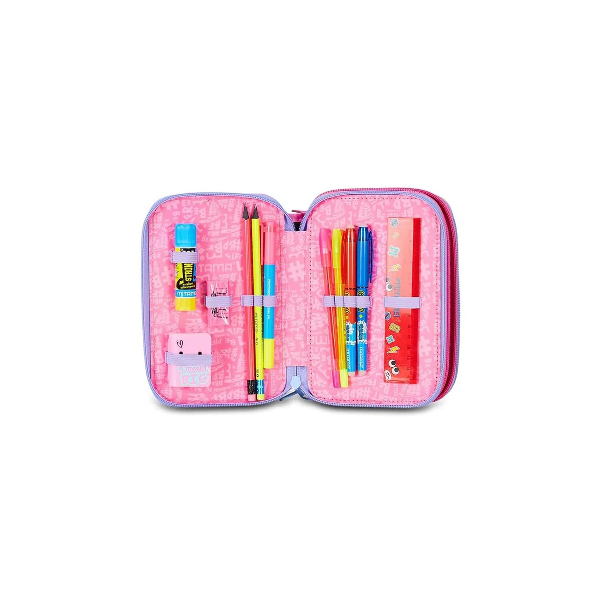 Mitama Estuche Escolar con 3 Compartimentos, Triple Tie Music, Contenido 47 Piezas, Completo de lápices, rotuladores, portalápices Escuela Primaria niña, 064522-000, Rosa, Talla única, Estuche con 3