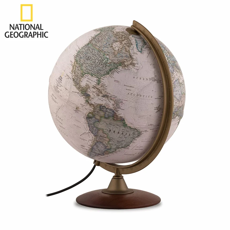 TECNODIDATTICA - Globo Terráqueo NATGEO Explorer Executive 30 | Cartografía National Geographic Executive | Base de Madera de Haya | Iluminado | Texto en Español | Diámetro 30 cm
