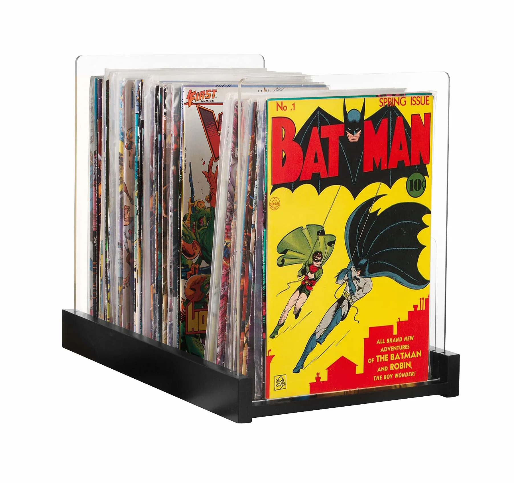 Soporte de almacenamiento para cómics, vitrina para coleccionistas, caja de cómics de madera y acrílico pendiente de patente, contenedor y organizador, almacena hasta 150 problemas, 14.5 x 8 pulgadas