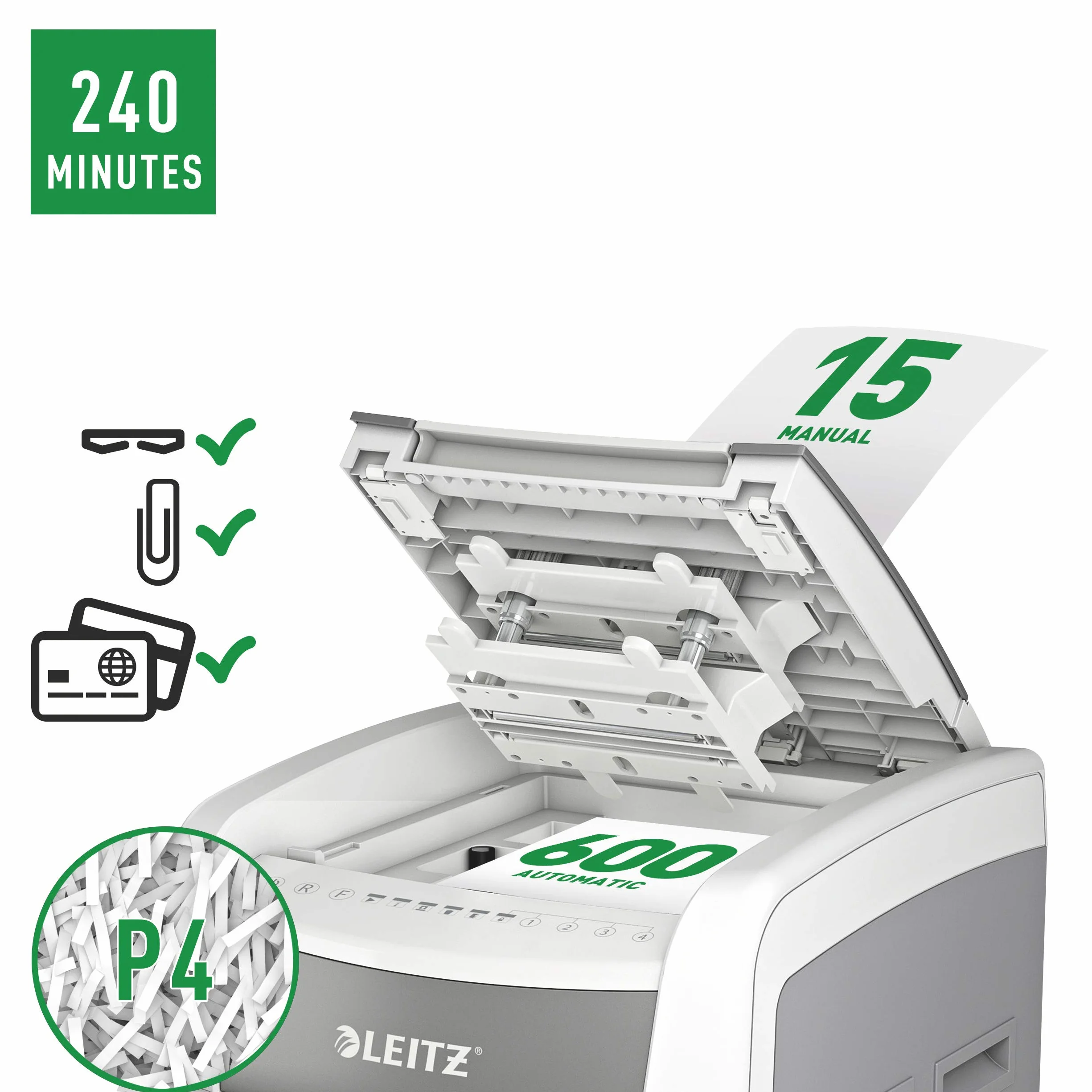 Leitz 80170000 – Destructora Automática IQ 600 Pro Autofeed P4, Autoalimentación 600 Hojas, Corte Partículas 4x28 Mm, Funcionamiento 240 Mins, Papelera 110L Con Puerta, Control Táctil Con Bloqueo PIN