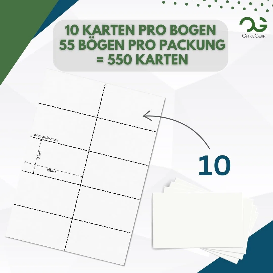 OfficeGear Tarjetas de visita imprimibles de 10 en adelante (55 hojas, paquete de 550) de 59 mm x 105 mm, tarjetas perforadas imprimibles personalizadas de 150 g/m²