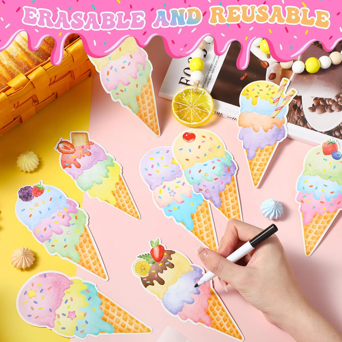 Faccito 45 Piezas Recortes de Helado Decoración de Fiesta de Helado Corte de Papel de Cumpleaños de Helado Sundae para Fiesta con Tema de Helado Verano Boda Baby Shower Niñas