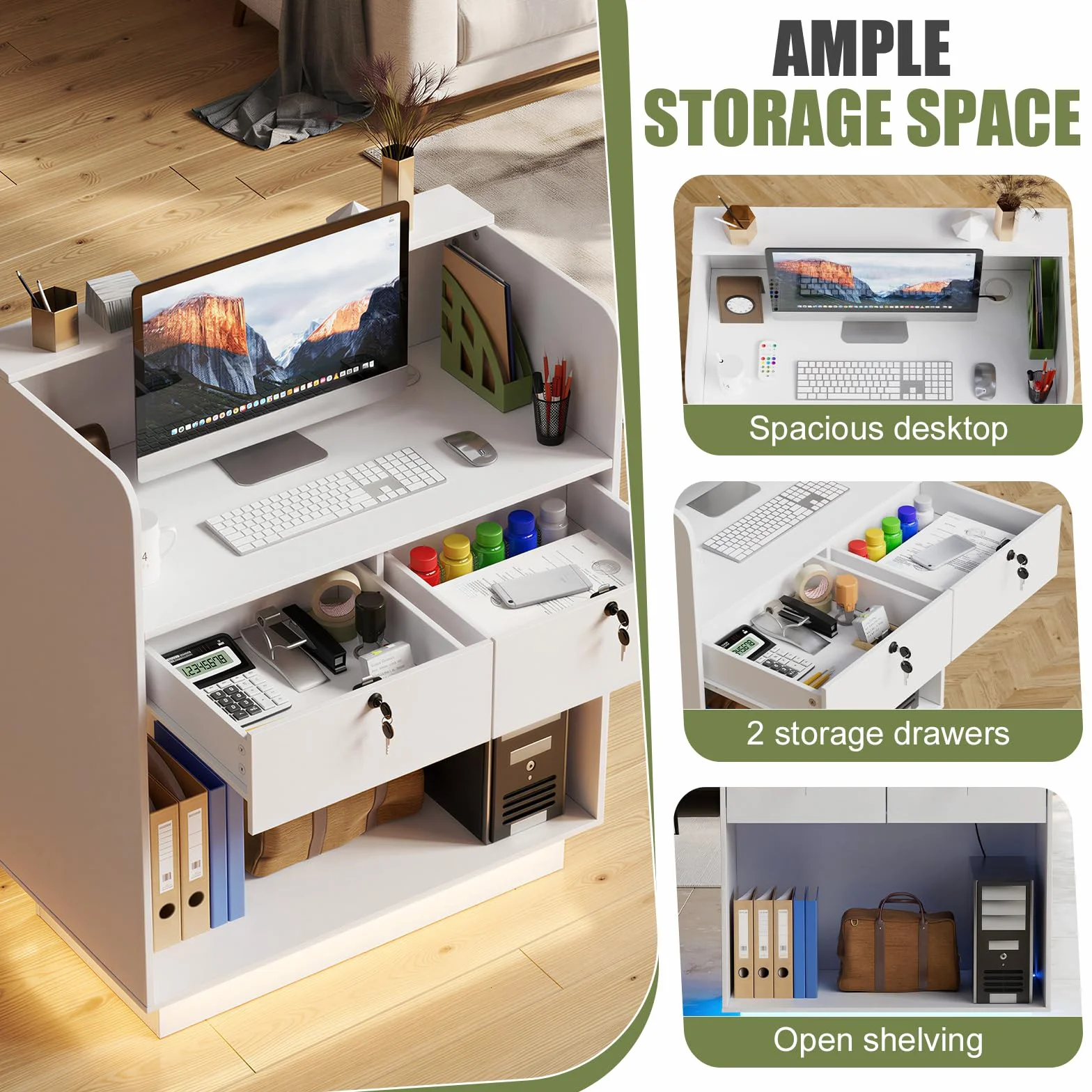 MSFE Mueble Recepción con LED, Mostrador Pequeño 103x80x45cm con Estantes Ajustables y Cajón con Cerradura