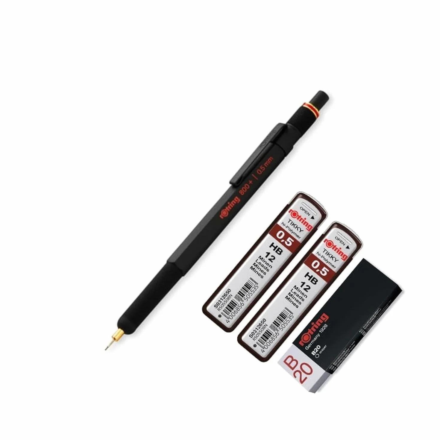 rOtring 800+ portaminas y lápiz capacitivo para pantalla táctil | Lápiz hélice giratorio HB de 0,5 mm | 2 minas de 12 HB de 0,5 mm | Borrador B20