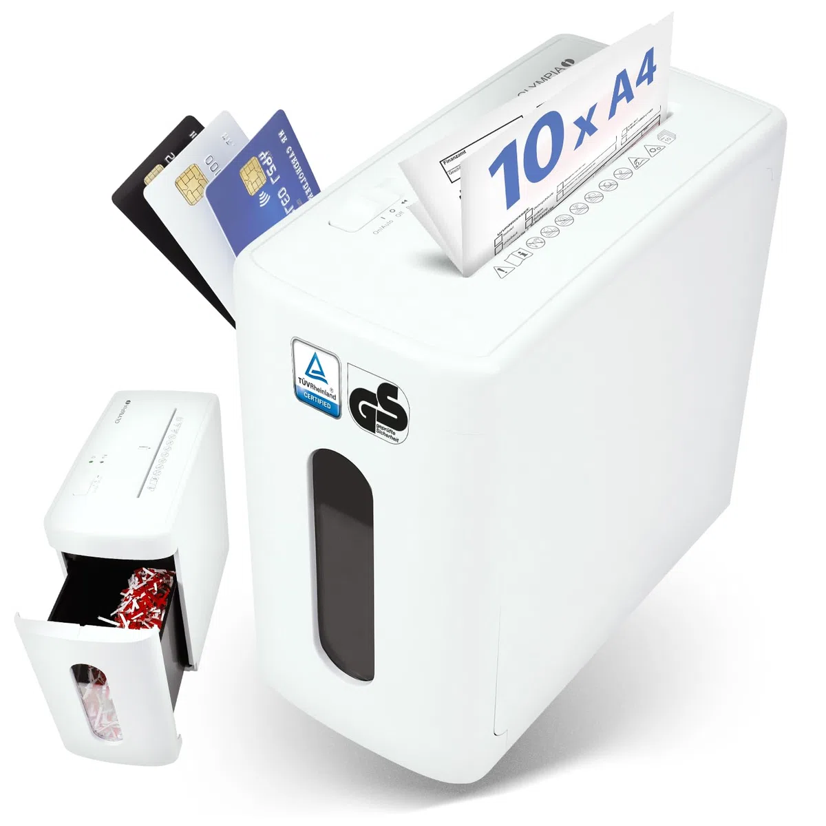 Olympia Trituradora de papel CC 1010 S, trituradora de papel para documentos y tarjetas de crédito, trituradora de documentos, 10 hojas y 10 litros de capacidad de recogida, trituradora de papel P4