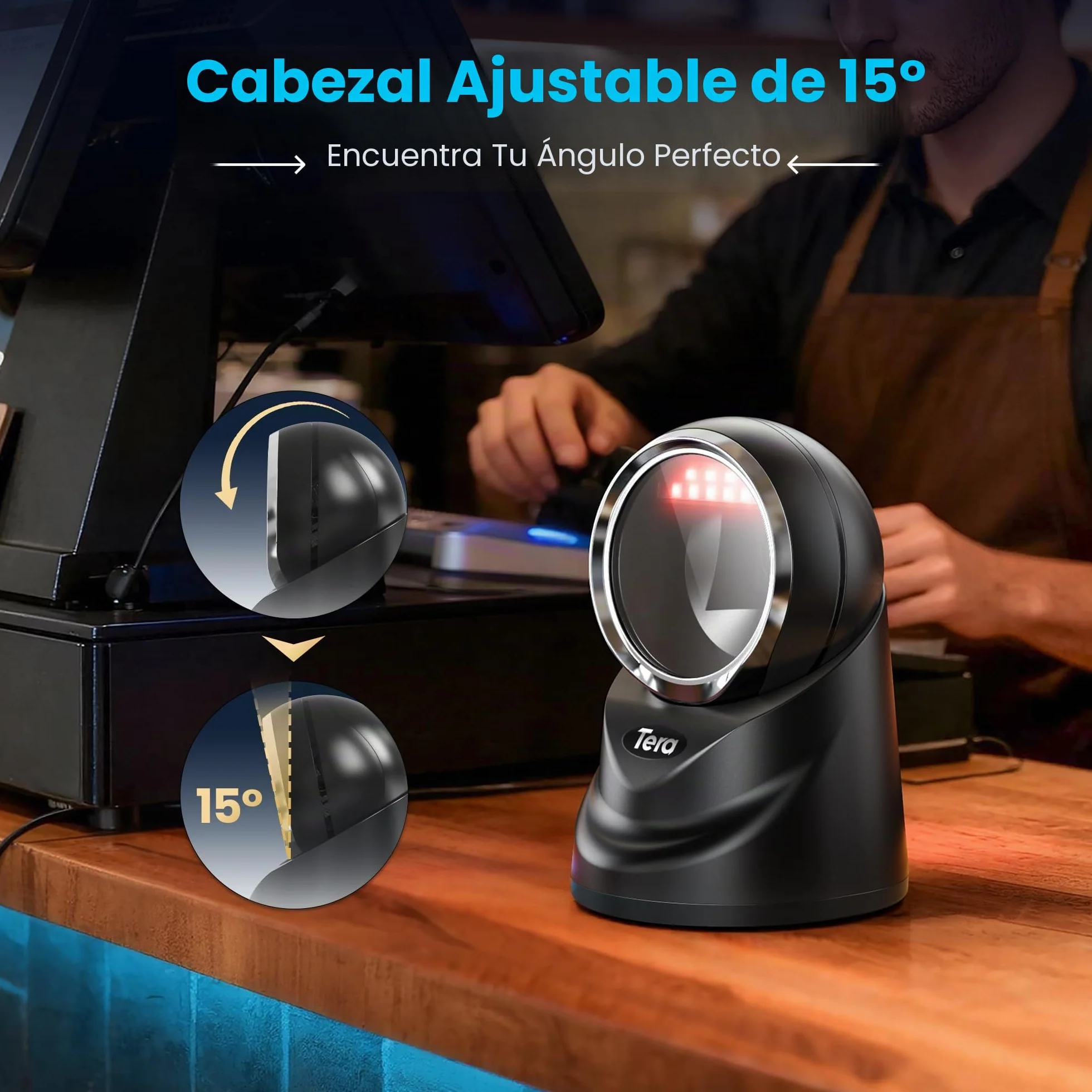 Tera 1D 2D QR Lector de Código de Barras Omnidireccional Escáner de Código de Barras con Cable USB Manos Libres Escaneo Automático de Detección de Imagen para Tienda de Supermercado Modelo 9100