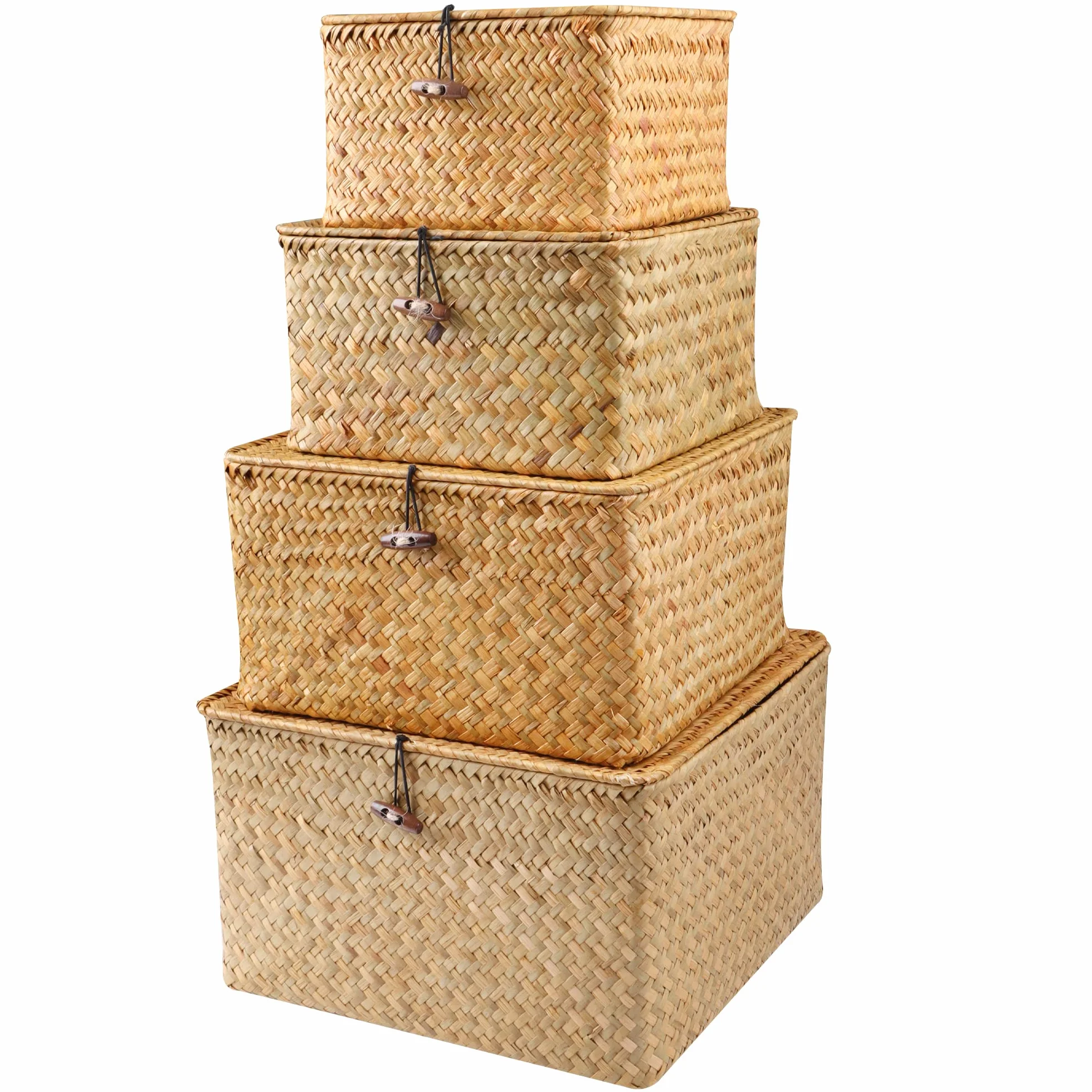 FEILANDUO 4 cestas de almacenamiento de mimbre con tapas, cestas tejidas de junco marino para estantes, cajas de almacenamiento apilables para organizar contenedores de ratán (natural)