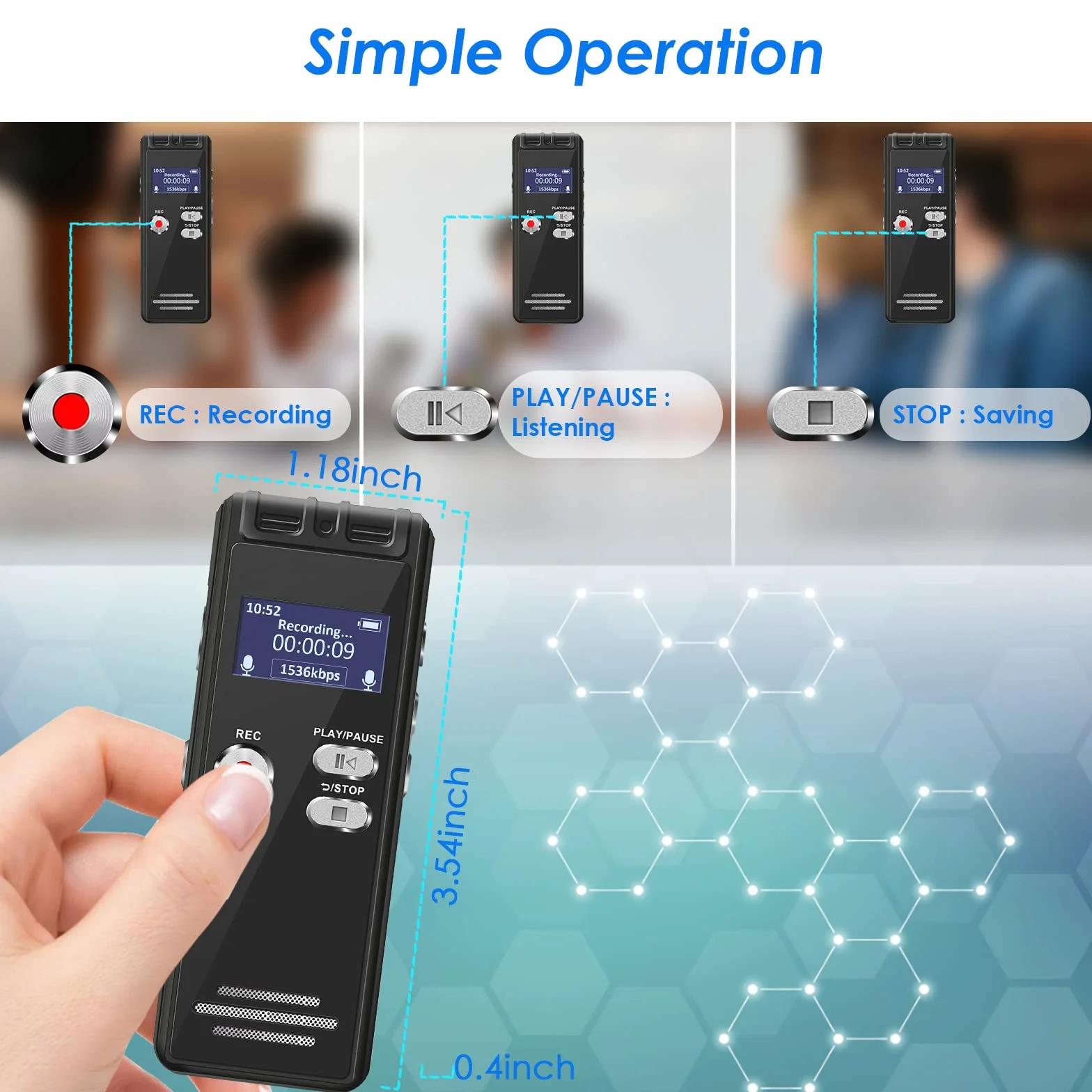 Grabadora de Voz Activada 16GB Portátil con Reproductor MP3 y Contraseña