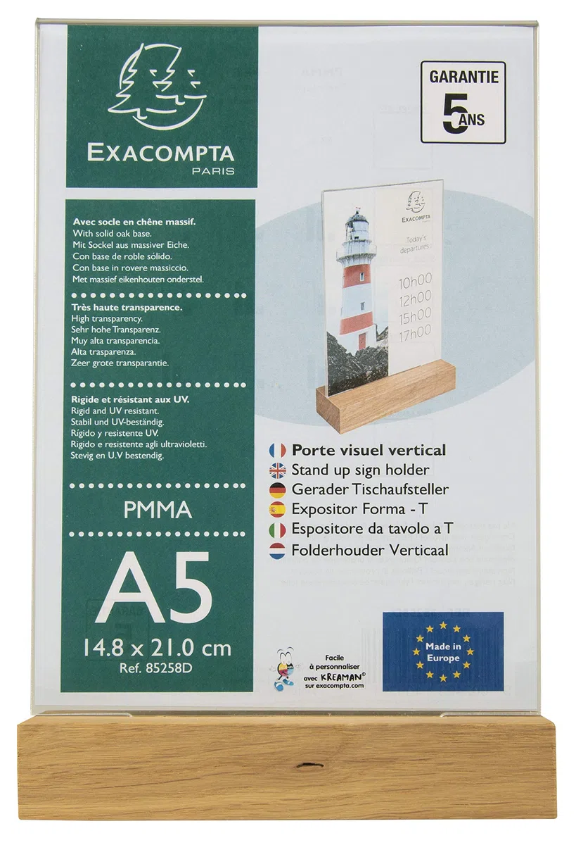 Exacompta - Ref. 85258D - Cartón con 10 soportes visuales con base de madera A5 vertical, tamaño 14,8 x 21 x 15 cm, para fotos, menús restaurantes, hoteles, recepción, PMMA - Color cristal