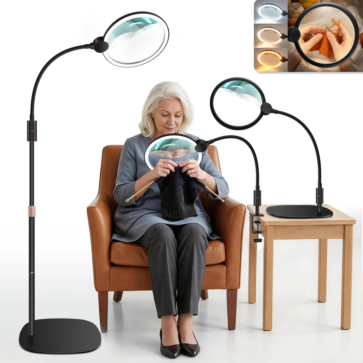 NZQXJXZ 10X Recargable Lupa con Luz y Soporte, Lente HD Grande de 7” | Lámpara Lupa 3 en 1 de Pie/Mesa/Pinza, 3 Modos de Color, LED Regulable Cuello de Cisne para Lectura Manualidades Reparación