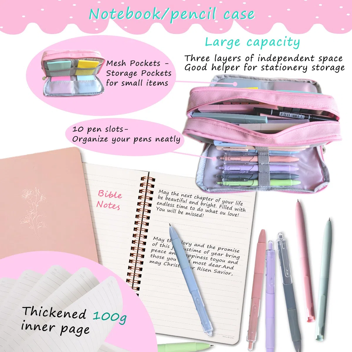 Kit de diario bíblico para mujeres, accesorios esenciales de estudio para estudiantes escolares con estuche para bolígrafo, cuaderno de diario de la Biblia, resaltadores y bolígrafos sin sangrado,