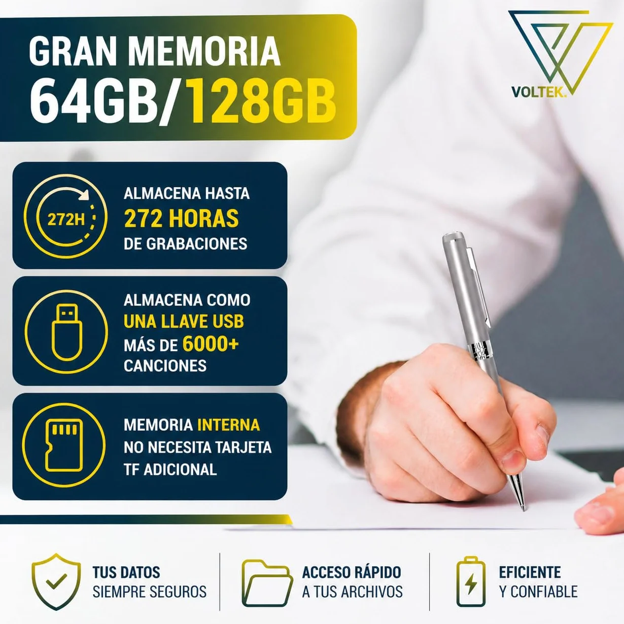 VOLTEK Pluma Grabadora de Audio 64GB - Mini Detector de Dictáfonos Vocal