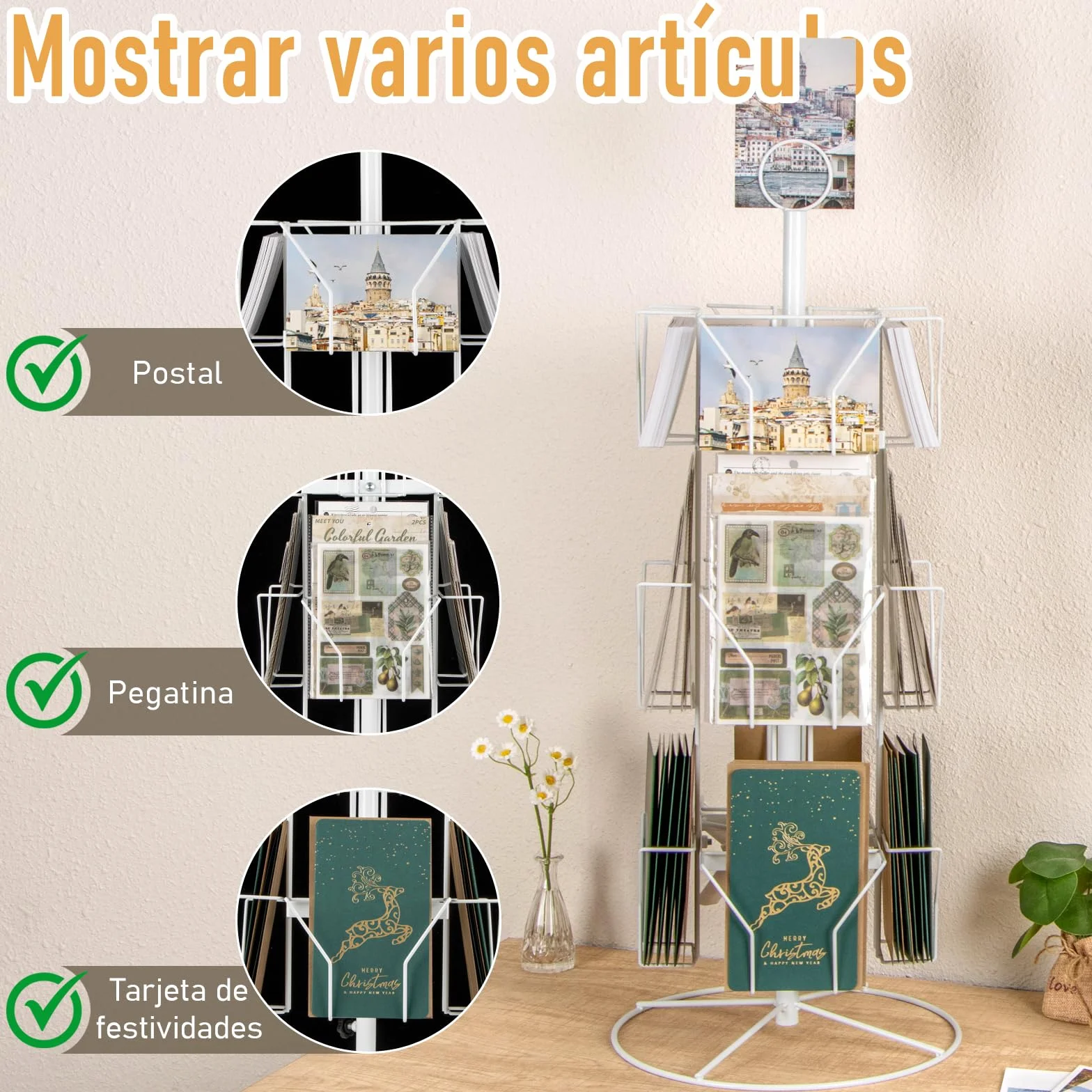 ANBOXIT Soporte giratorio para tarjetas de felicitación, metal blanco 12 bolsillos