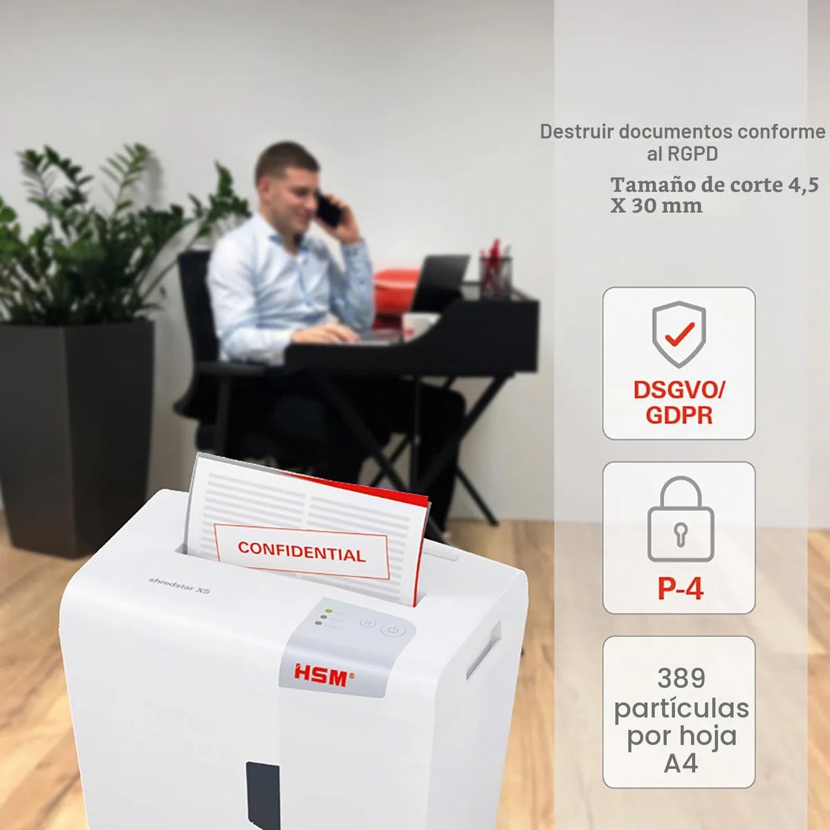HSM Shredstar X5 - Destructora de documentos, 4.5 x 30 mm, color blanco plata