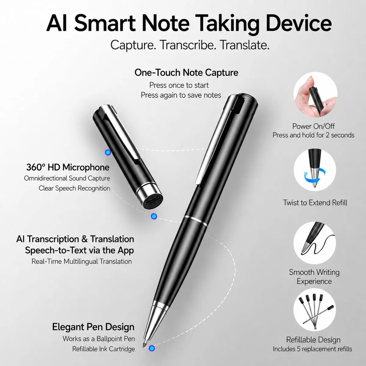 SKARA Grabadora de Voz IA, AI Voice Recorder con Transcripción en 150 Idiomas, Resumen IA y Mapas Mentales, Mini Grabadora Digital Inteligente con App para Reuniones, Clases y Entrevistas