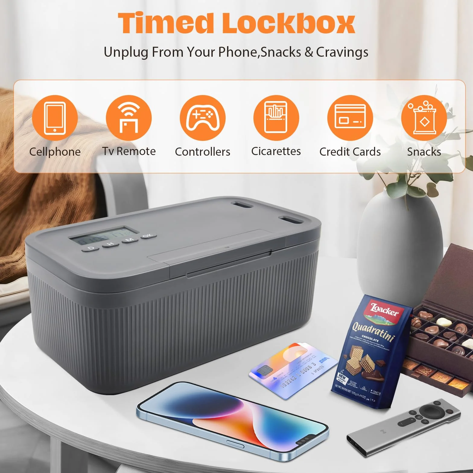 Caja fuerte con temporizador, Caja bloqueable para móviles, Caja de seguridad de autocontrol - Azul y gris