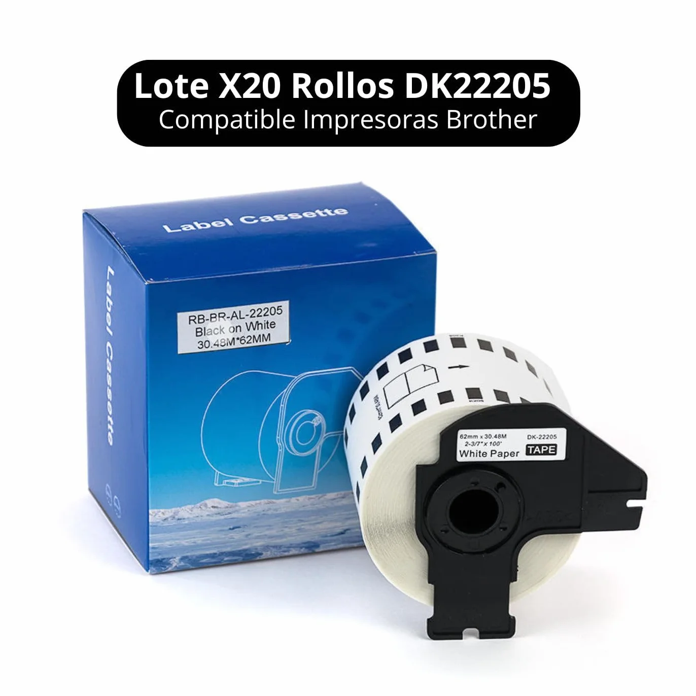 PACK 20 Rollos Etiquetas Premium DK-22205 Compatible [62mm x 30.48m] - Cinta continua de papel blanca para Brother P-Touch QL-500 550 570 700 710W 720NW 800 810W 820NWB 1050 1100