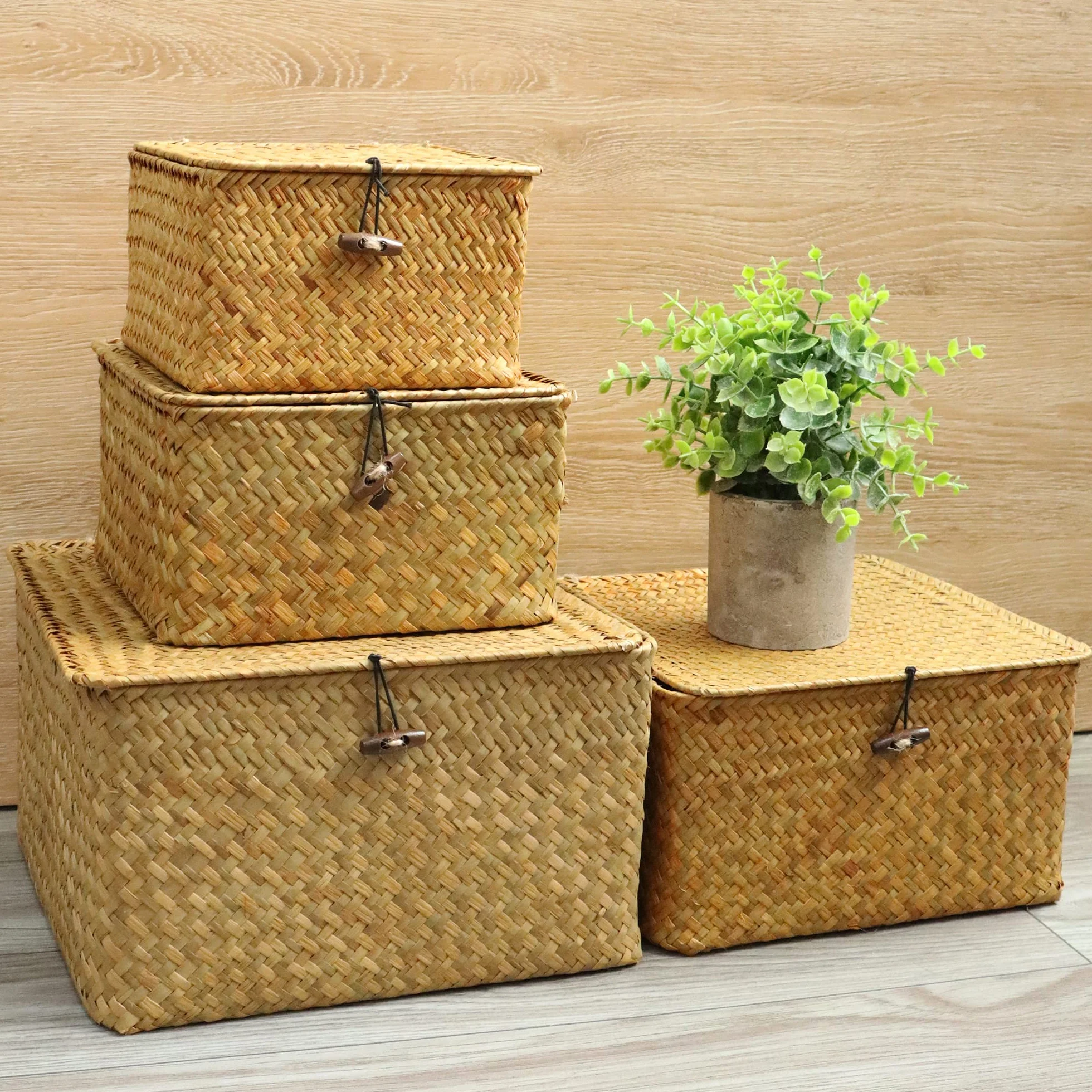 FEILANDUO 4 cestas de almacenamiento de mimbre con tapas, cestas tejidas de junco marino para estantes, cajas de almacenamiento apilables para organizar contenedores de ratán (natural)