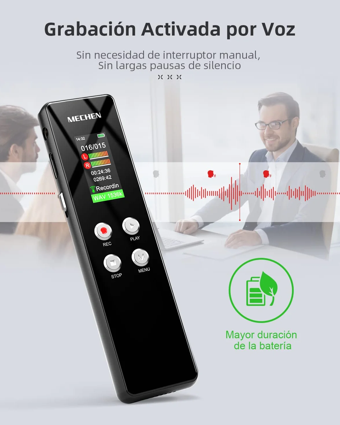 MECHEN Grabadora de Voz 64GB HD Un Solo Clic 1536 kbps Reducción de Ruido Automática Reproductor MP3 Protección Contraseña Batería 300mAh