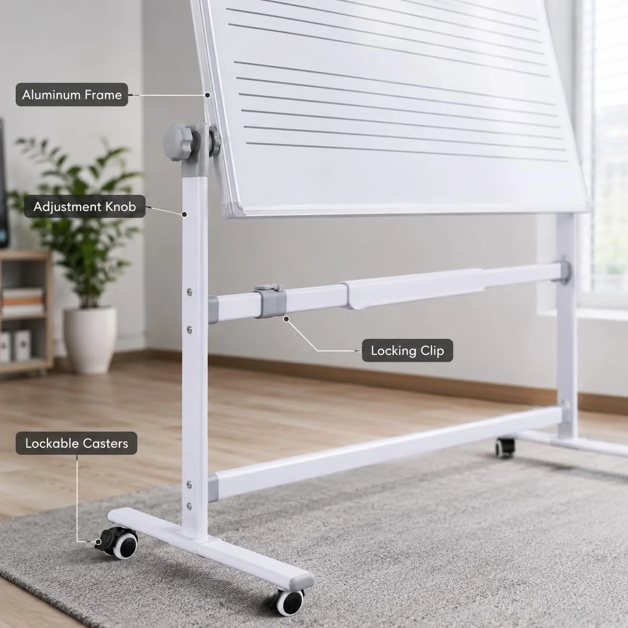 Pizarra blanca magnética de doble cara con ruedas, paquete de 2, 90 x 120 cm, pizarra portátil de borrado en seco para escuela, hogar y práctica musical