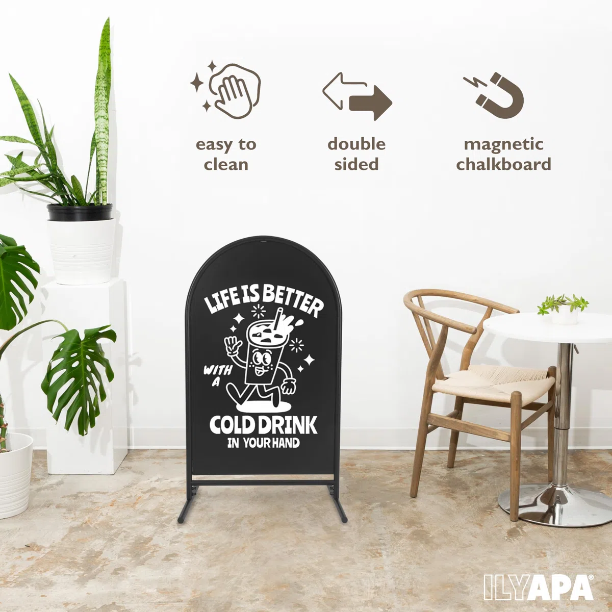 Ilyapa Letrero de pizarra de metal de doble cara oscilante – 21 x 35 pulgadas magnético para acera – Un marco de pizarra alternativa para restaurante, tableros sándwich independientes modernos vintage