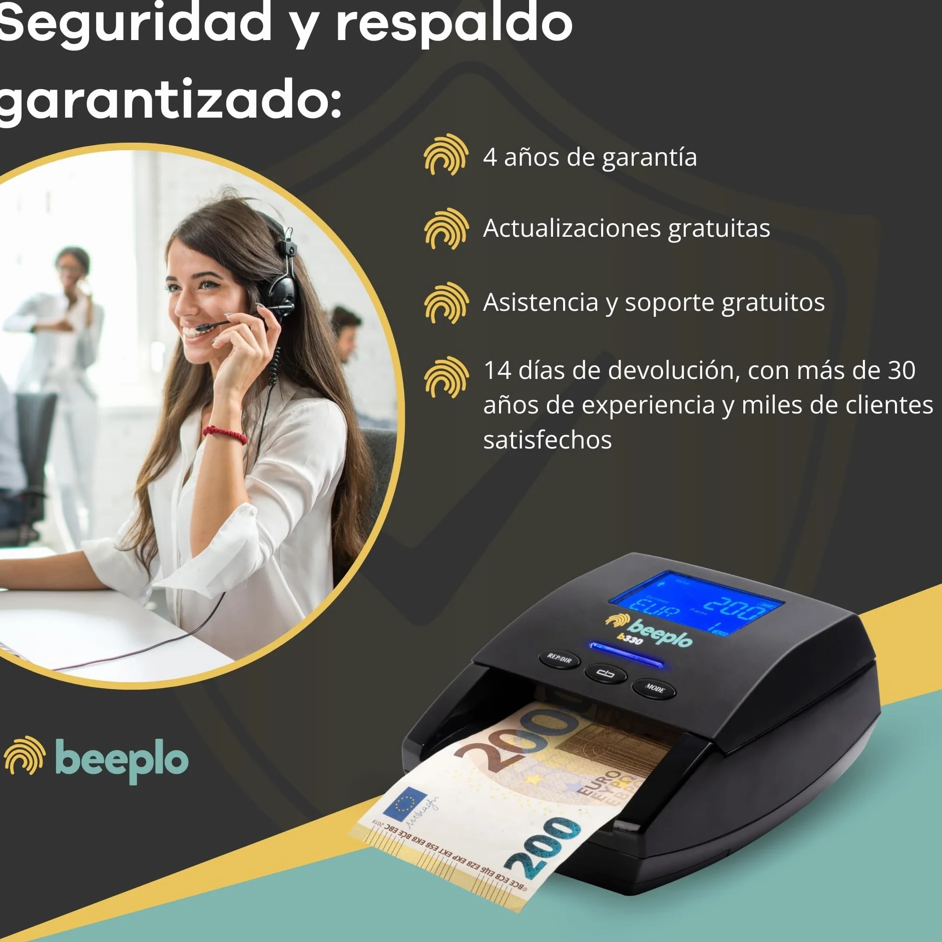 b330 | Detector de Billetes Falsos EUR | 100% Fiabilidad | Verificación Precisa Automática de 5 Divisas: EUR, GBP, CHF, NOK, SEK | Sin Batería