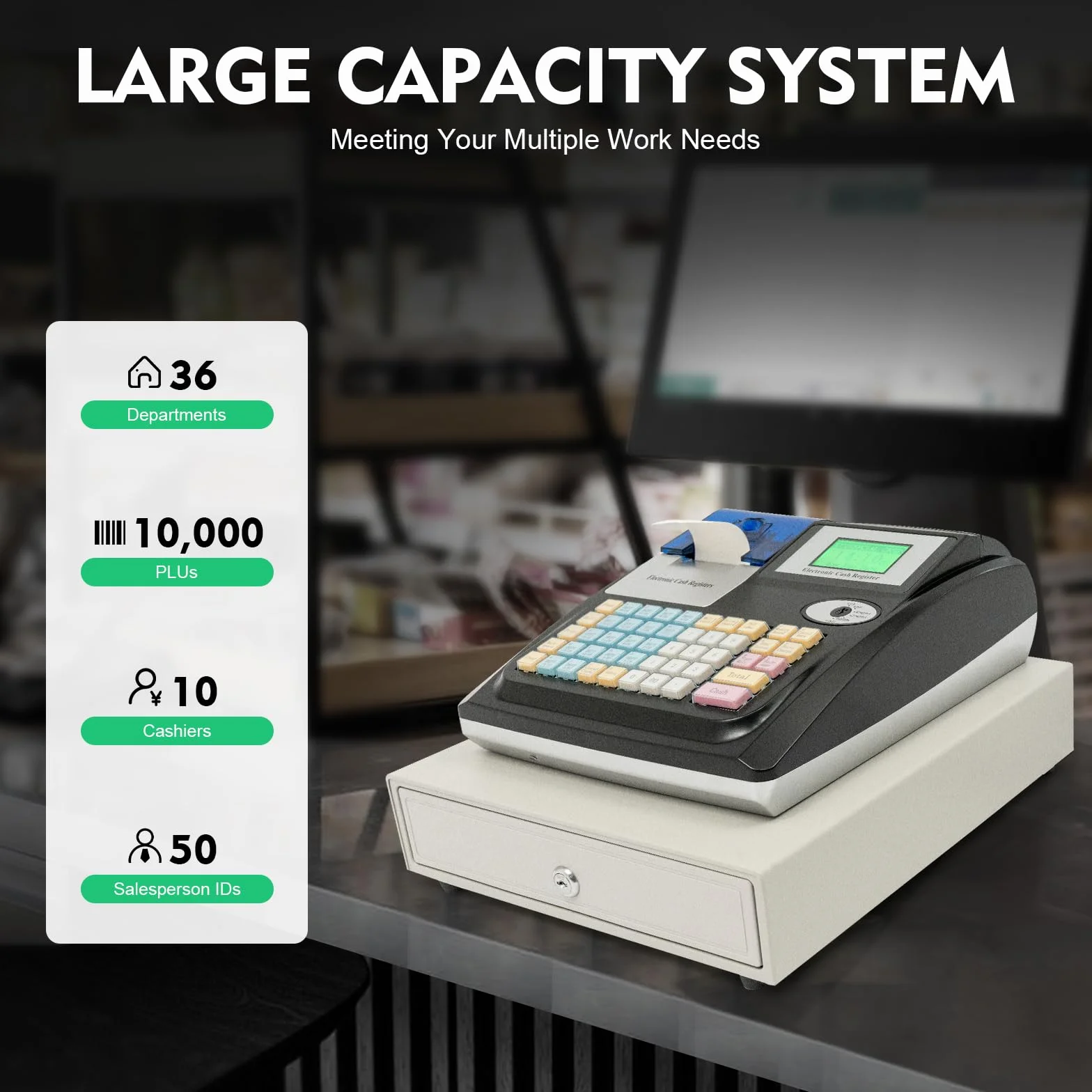 Caja registradora | Cajón de efectivo | Sistema POS | Sistema POS al por menor | Caja registradora para el comercio | Pantalla LED del cliente | Impresora térmica Connectable | Teclado Hub 48 teclas