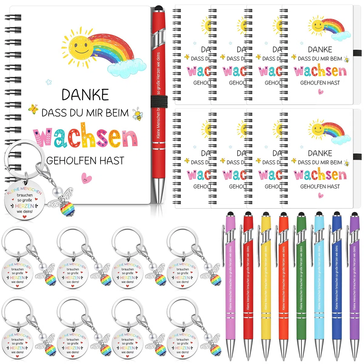 Sinmoe 8 Set Regalo de Agradecimiento para el Profesor Mujer Bloc de Notas en Espiral Inspirador Bolígrafo Cuaderno Rayado Llavero de Ángel de la Guarda Arcoíris Regalo Despedida para Educador