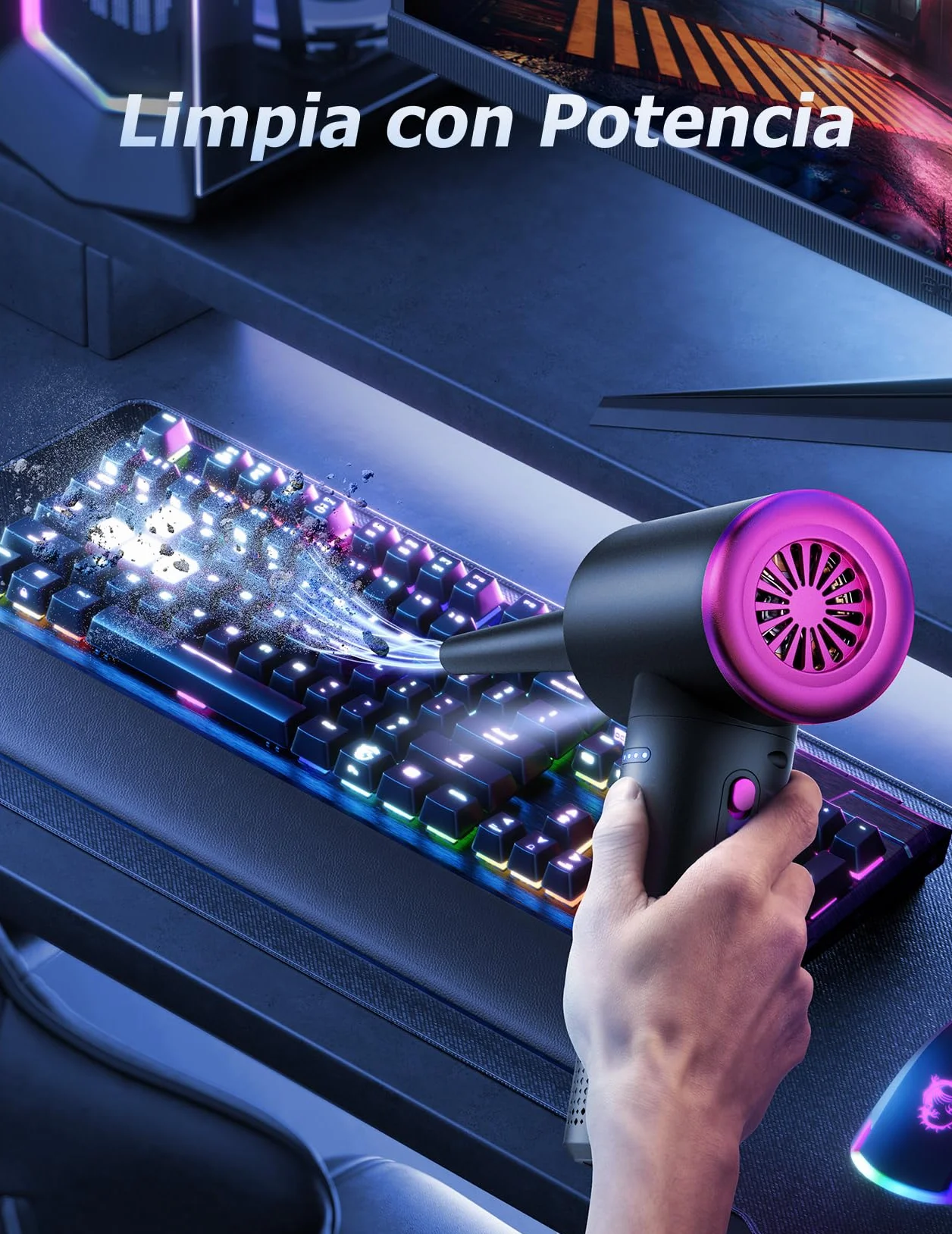 Soplador de Polvo de Eléctrico Aire Comprimido Eléctrico - 100000 RPM Limpieza de PC por Pulverización de Aire Comprimido con Batería de 9000mAh, Limpieza de Teclado de Aspiradora de 3 Velocidades