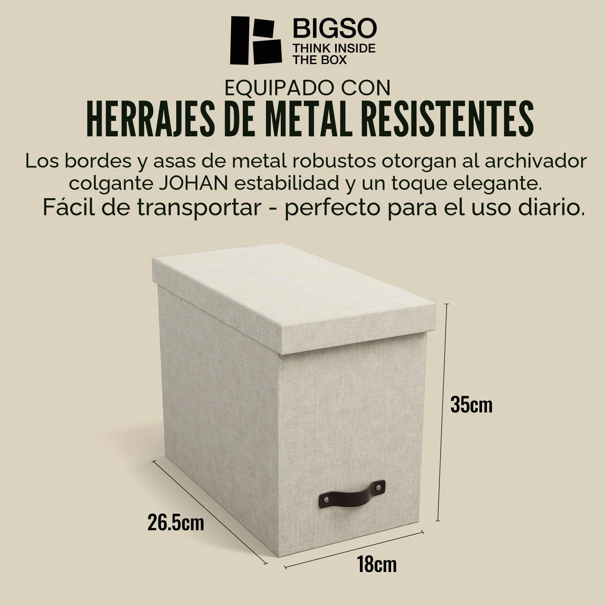 Bigso Box of Sweden Caja archivadora con tapa – Elegante organizador de documentos con 8 carpetas colgantes – Caja clasificadora de tablero de fibras y papel con elegante aspecto de lino – beige