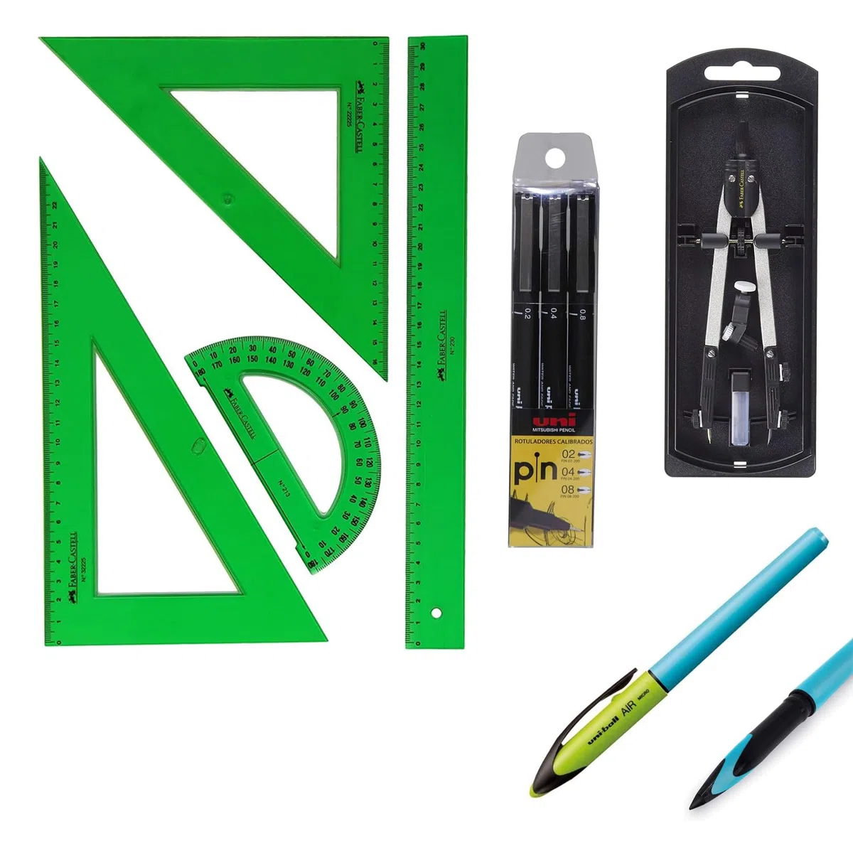 PACK escolar Uni Estuche 3 rotuladores calibrados Uni - 0.2, 0.4, 0.8 mm + FC Juego Reglas Verdes 65021 escuadra, cartabón, regla, semicírculo + Bigotera Compás 32722-8 + REGALO