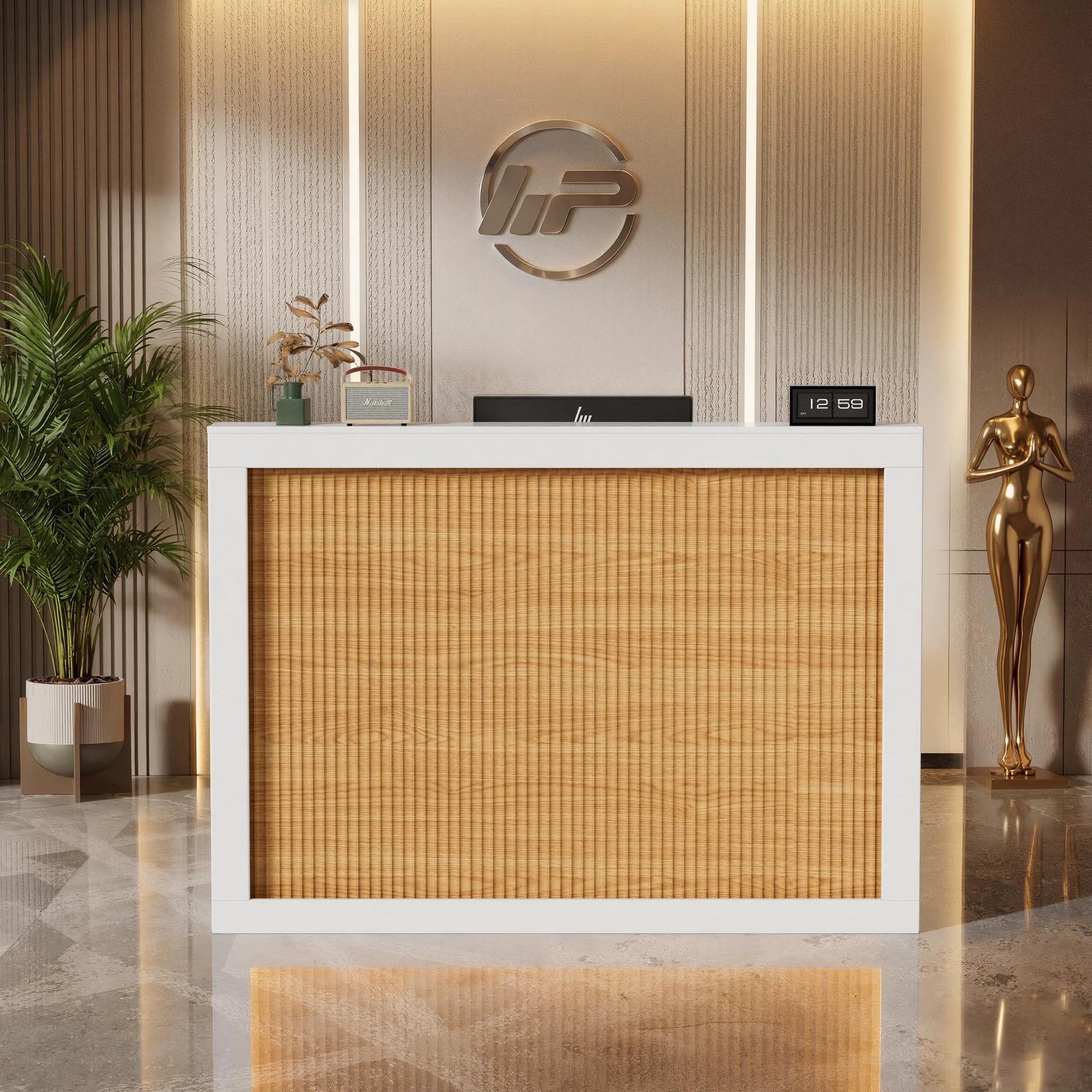 MSFE Mostrador Recepcion con LED,Mostrador de Recepción Grandes con Cajón Armario y Tomas de Corriente,Mostrador de Venta para Caja,Vestíbulo,Salón de Belleza,Oficina,Mueble de Recepción,140*60*110CM