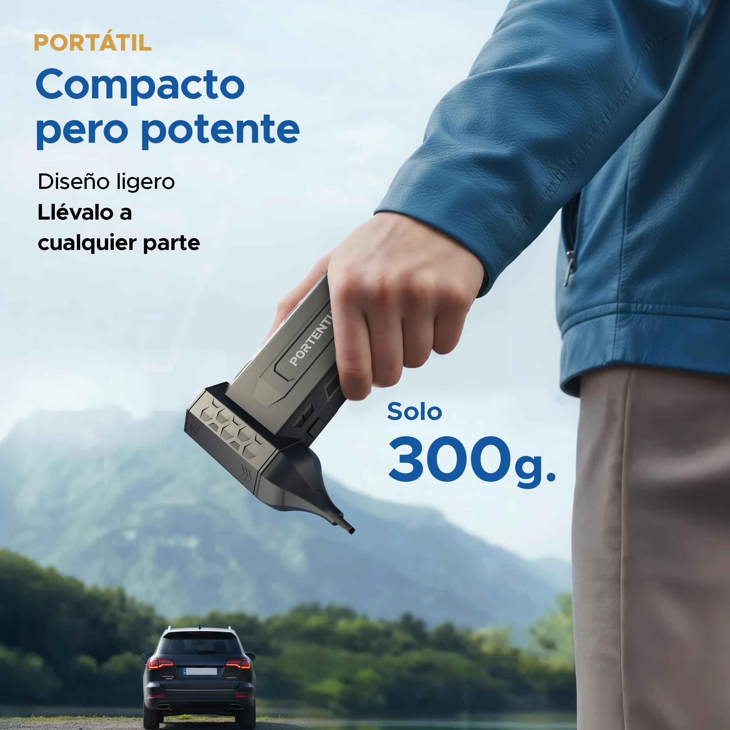 PORTENTUM 3 en 1 Soplador de aire potente 180 km/h – Aspirador coche potente 25 kPa – Linterna LED doble – Set de 25 que incluye 6 boquillas y 13 cepillos – Pistola aire comprimido hasta 115 min