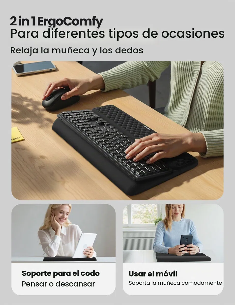 VAYDEER Reposamuñecas Ergonómico para Teclado – Soporte 2 en 1 con Elevador y Almohadilla de Espuma Viscoelástica, Base Antideslizante, Ideal para Oficina, Portátil y Gaming – Negro