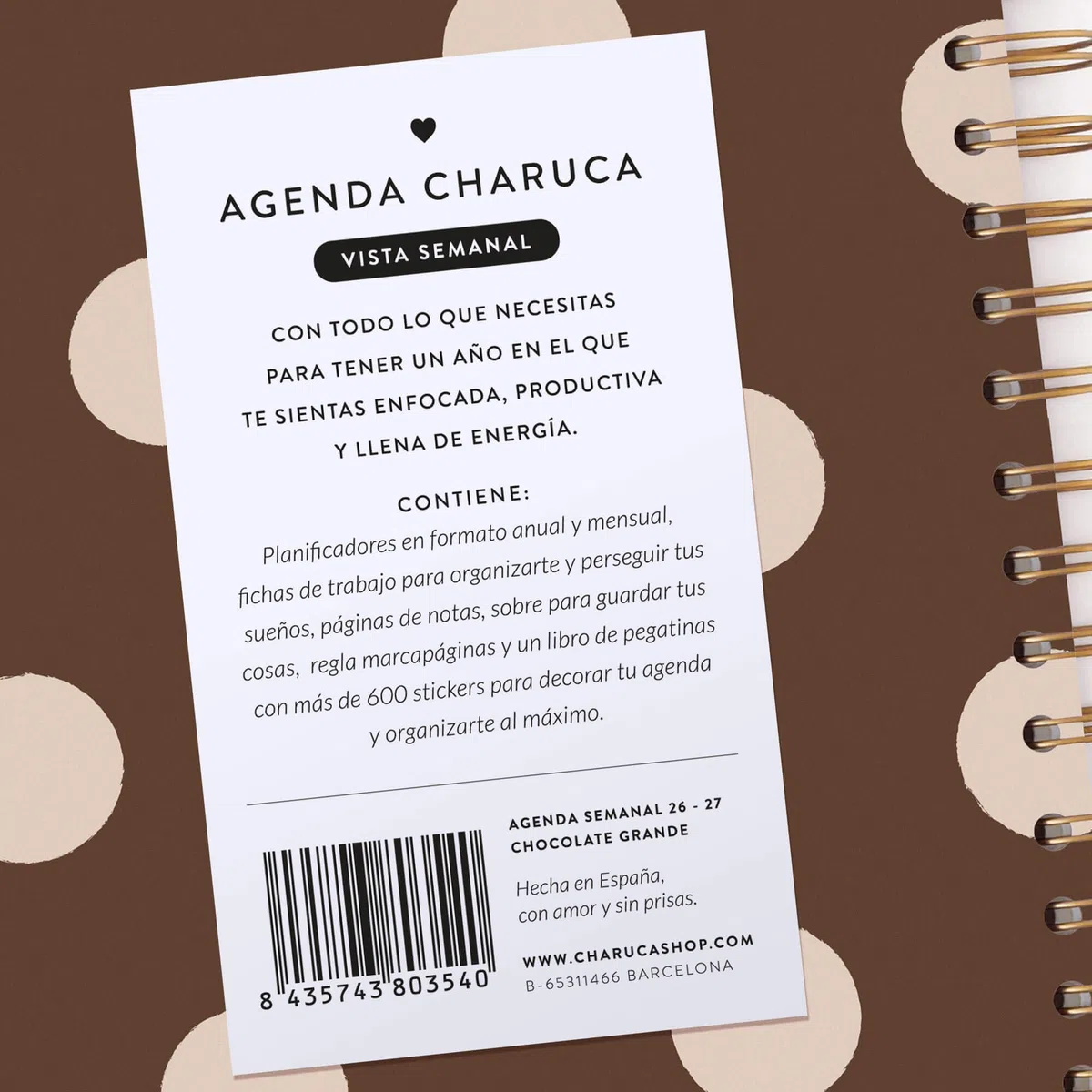 Agenda Charuca 26-27 Académica VISTA SEMANAL - Tapa Dura con Detalles Dorados, Tamaño GRANDE - Incluye BOLSA de Tela PROTECTORA y Marcapáginas - Hecho en España (CHOCOLATE LOVE)