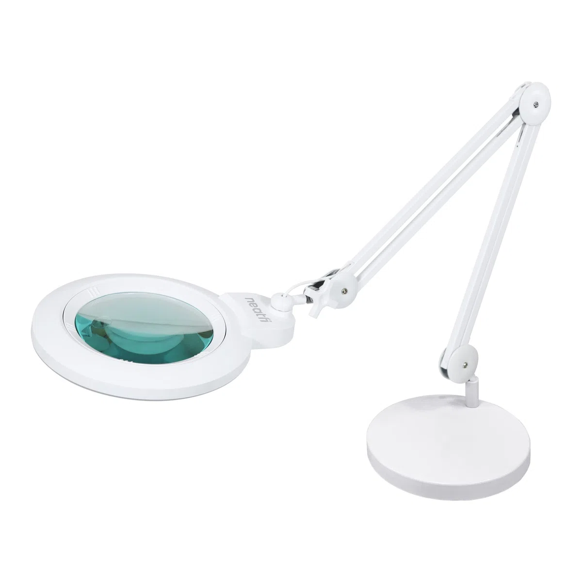 Neatfi XL Lámpara Lupa LED Bifocal – Lente Acrílica de 18 cm, Aumento 2,25X y 6X, 1.600 Lúmenes Regulables | Brazo Ajustable | Ideal para Manualidades y Lectura (Blanco, con Base)